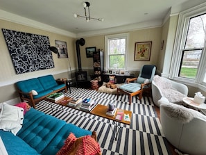 Living room with wood stove