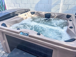 8 person hot tub is ready to go with a great view of our new wall mural