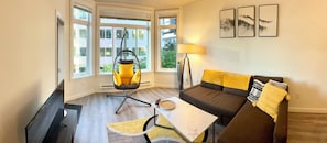 Relax in front of the windows overlooking the city