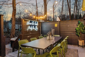 Dine under the twinkle of string lights—perfect for evenings spent outdoors.