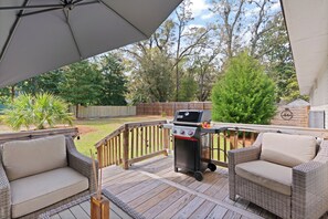 Shady deck with umbrella & new 3-burner Weber gas grill - perfect anytime of day