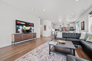 Open concept seating makes conversations easy with family and guests.