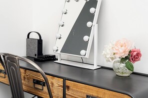 Hollywood style mirror and bluetooth speaker.