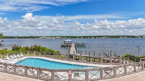 View of the pool, dock and fishing station, exclusive to Cottages at Lagoon Pass