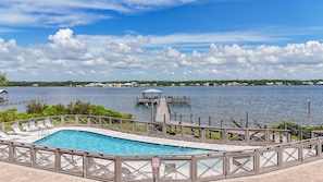 View of the pool, dock and fishing station, exclusive to Cottages at Lagoon Pass