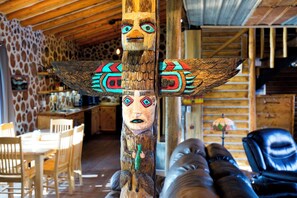 
Hand carved totem pole at entryway