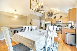 Kitchen & Dining Area | 2-Story Home | Free WiFi | Board Games