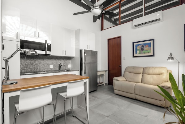 livingroom with kitchen , stainless steel fridge, air conditioner, sofabed, seats, ceiling fan, microwave, reading lamps, cabinets