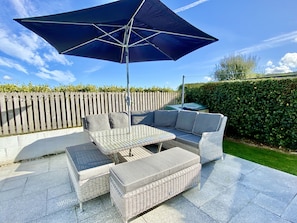 Garden furniture on the patio of Myebon Holiday Cottage, Padstow, North Cornwall