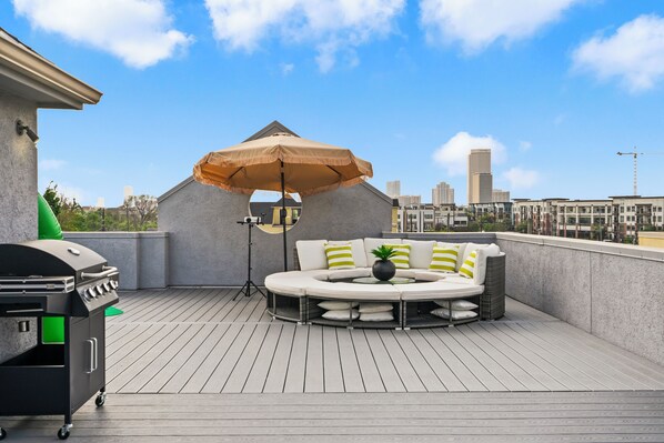 The round couch offers a cozy, stylish spot to relax