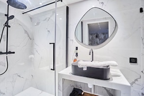 SDB avec lavabo , douche et toilette
