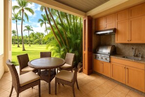 The lanai area off the dining room offers ample seating for six and a convenient private bbq and outdoor sink IML-D3