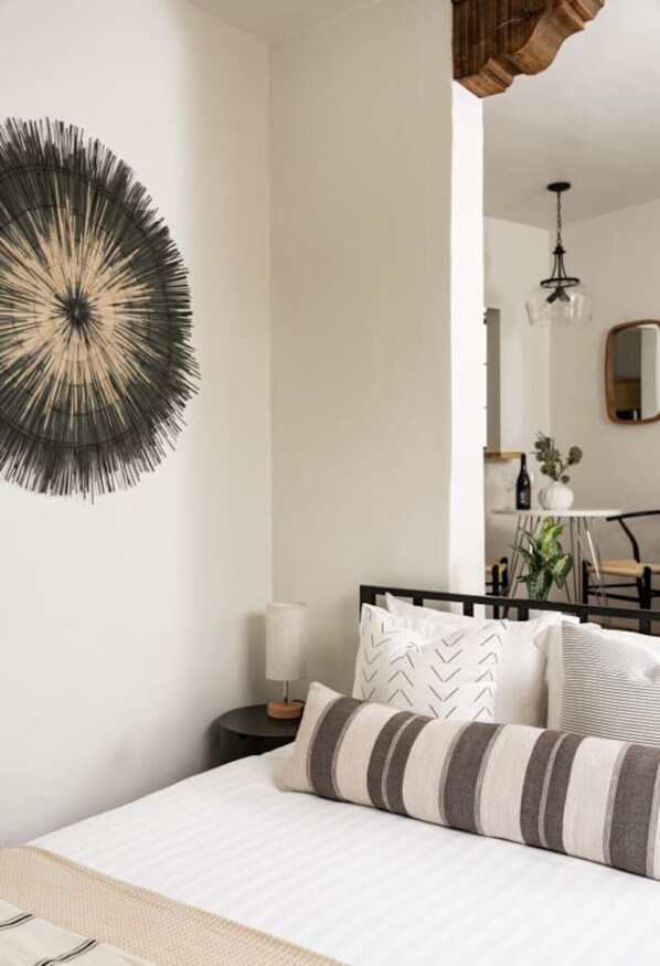 Welcome to Casa Blanca Retreat- step into a thoughtfully designed bedroom filled with cozy, bohemian touches.