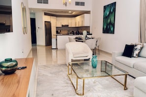 Living room, dining room and kitchen