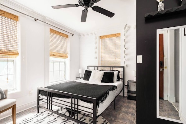 Queen bed with comfortable yet firm memory foam mattress.