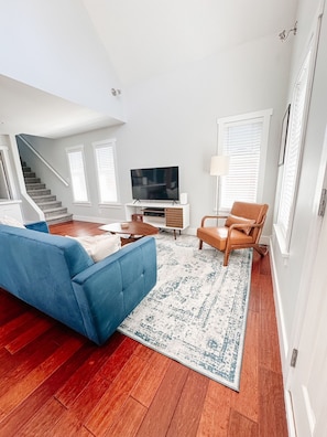 Living room separate from bedrooms upstairs for increased privacy.