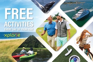 Free Tickets and Complimentary Activities! Create unforgettable memories and experience Cape Cod like a local! Enjoy $750 worth of daily exclusive free tickets to exciting local attractions through our partnership with Xplorie. Your amenities include activities such as Island Cruises, Whale Watch, A Daily Round of Golf, Bike Rentals and admission to Whydah Pirate Museum.