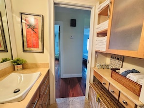 Second floor, hallway access, across from bedrooms, full bathroom,