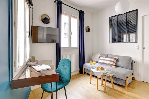 The bedroom and kitchen