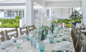 Fully equipped and air-conditioned kitchen. Electric oven, gas stove, microwave, refrigerator, mixer, centrifuge, freezer, dishwasher, Nespresso machine, blender, kettle, toaster, breakfast bar. Outdoor dining area under an ajoupa on the back of the prope