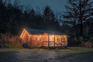 Cabin life at its coziest—warm lights, cool mountain air, and nothing but nature around you.