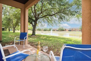 Unwind on our relaxing patio overlooking the serene lake at our retreat. The perfect spot for morning coffee or evening wine.