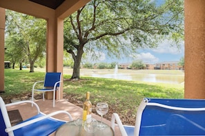 Unwind on our relaxing patio overlooking the serene lake at our retreat. The perfect spot for morning coffee or evening wine.