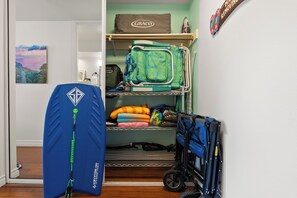 Beach Amenities: boogie board, beach chairs, wagon, towels, snorkel sets.