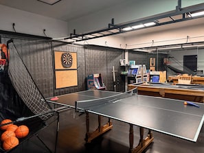 Game room - ping pong & pool table, 1up arcade games, basketball, & monkey bars