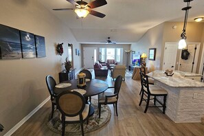 Kitchen and dining area are together so conversations don't get interrupted. 