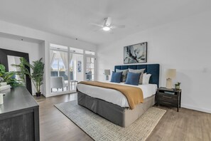 Bedroom: King bed, 55" LG Smart TV, closet