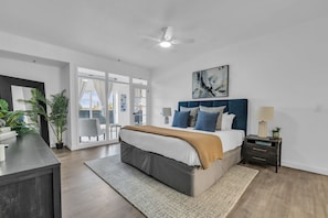 Bedroom: King bed, 55" LG Smart TV, closet