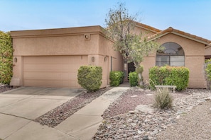 Property Exterior | Single-Story Home | In-Ground Spa Tub