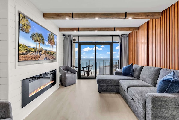 Sit back and relax and enjoy the Living Room vibe. Ask Alexa to close the curtains, turn on the fireplace, where to go food shopping, or how to order beach chairs.