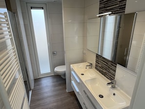 Bathroom Sink, Plumbing Fixture, Interior Design, Sink, Bathroom, Flooring, Bathroom Cabinet, Floor, Mirror, Tap