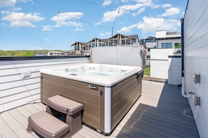 Unit 2: Rooftop deck with a hot tub, outdoor dining for 6, and cozy lounge seating—perfect for unwinding. (4th Floor)