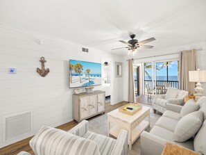 Living Room - Private Beachfront Balcony + Smart TV