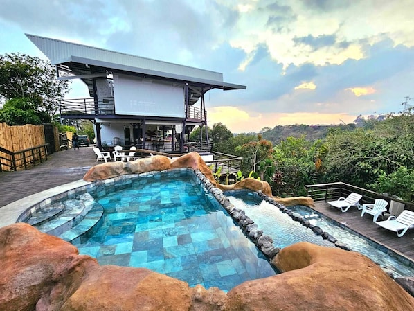 Cascading pools and reception & restaurant area