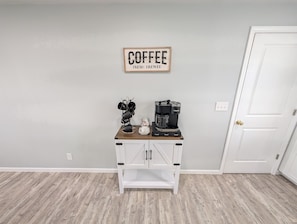 Fancy a coffee? Check out or K-Duo with supplied K-Cups (regular and decaf), sugar and shelf-stable creamer.