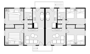 Floor plan of units B & C and E & F. B & C are on the first floor, while E & F are directly above!