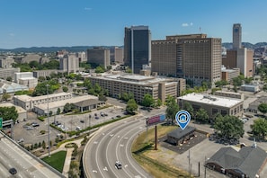 A bird’s-eye view of Birmingham’s city center, showcasing the property's prime location.