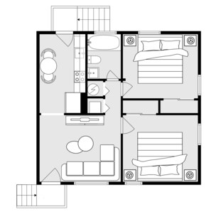 Units A, B, D,& E layouts, each unit has two king bedrooms. Explore the efficient and stylish space of Unit B, perfect for contemporary living.