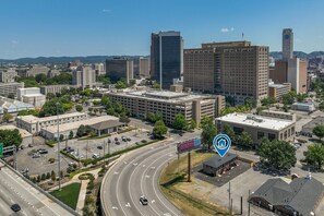 A bird’s-eye view of Birmingham’s city center, showcasing the property's prime location.