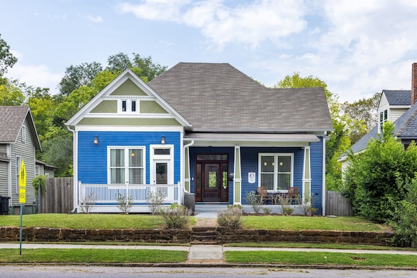 Discover our charming Birmingham Historic Home nestled in a peaceful neighborhood. The exterior boasts Southern charm with its welcoming porch and lush greenery. Reach out to us for our personalized concierge services and handpicked local experiences.