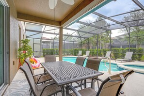 Screened-In Lanai | 2-Story Home | Dining Area | Pool Floats