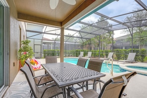 Screened-In Lanai | 2-Story Home | Dining Area | Pool Floats