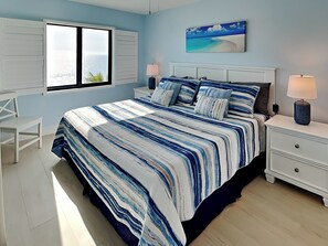 Primary Bedroom - King Bed, TV, Balcony Access, Gulf Views and En Suite Bathroom