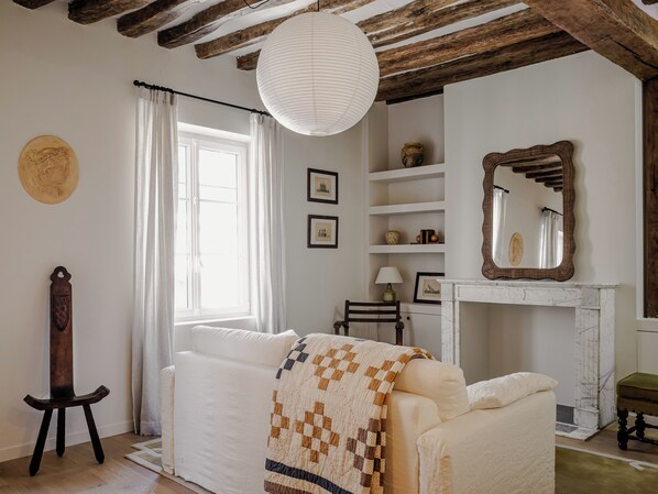 Salon douillet avec cheminée décorative