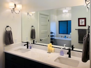 Private master bathroom - walk-in shower with bench seat and soaker tub for 2!
