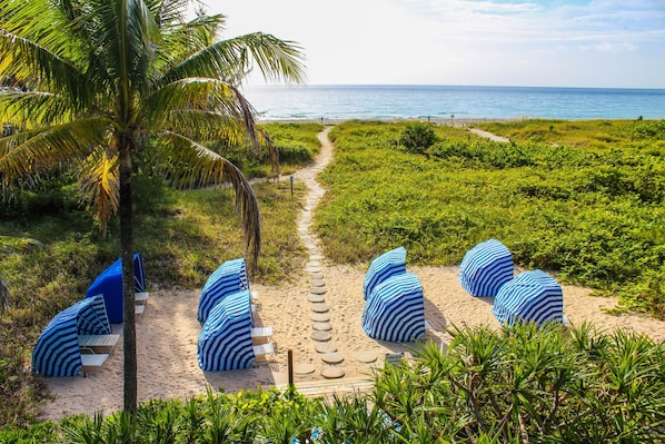 A tranquil pathway leads from the lush greenery to the sandy shore, where striped cabanas await, providing a perfect spot to relax under the sun.